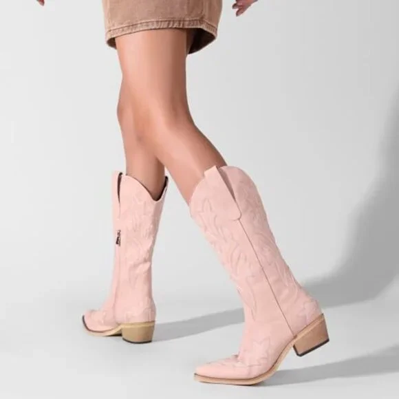 Women's PU Leather Boots Chunky Heel Pointed Toe Wide Calf Pull-On - Picture 3 of 8